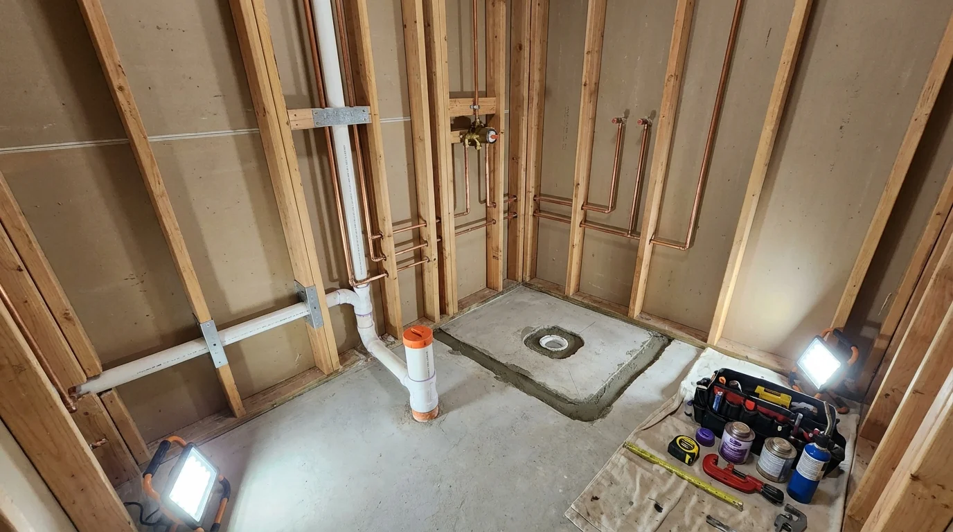 Bathroom rough-in plumbing during remodel by Johns Plumbing LLC in North Royalton