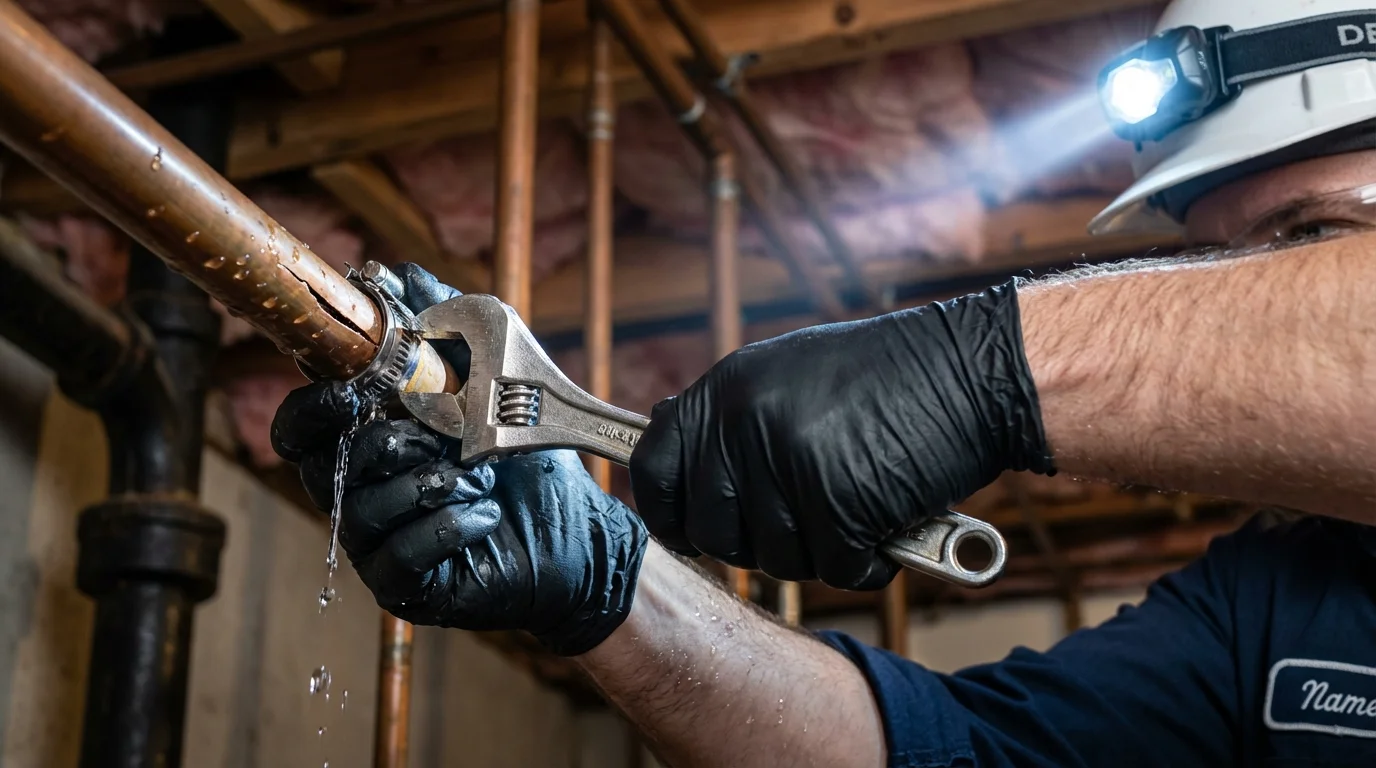 Emergency pipe clamp repair being performed by a Johns Plumbing LLC plumber in North Royalton