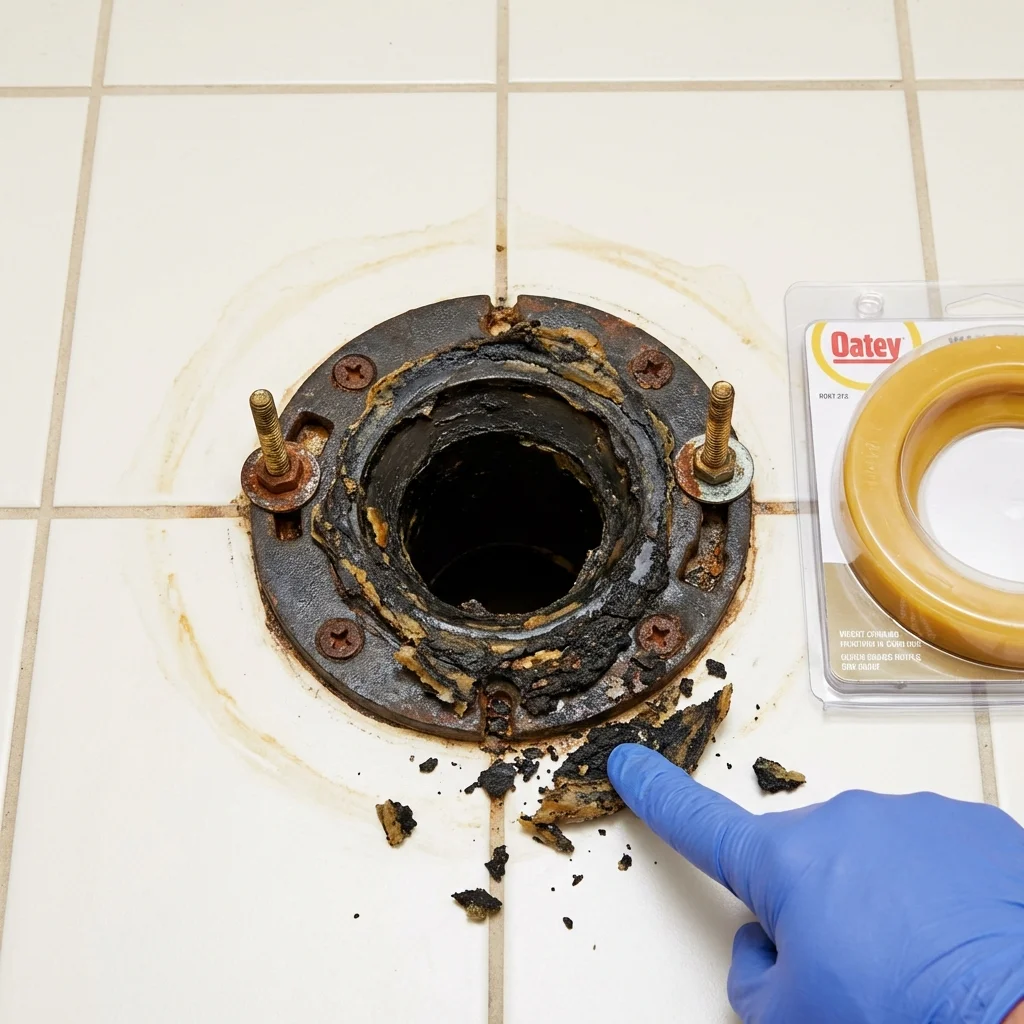 Failed wax ring showing water seepage at the base of a toilet in a North Royalton, OH home