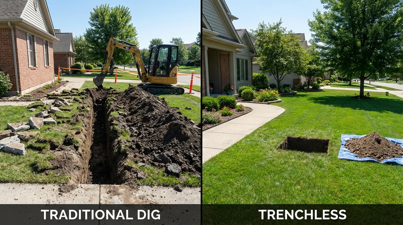 Trenchless sewer repair with minimal yard damage versus traditional excavation in North Royalton, OH