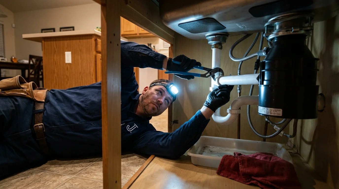 P-trap and supply line connections under a kitchen sink showing a common leak point in North Royalton, OH